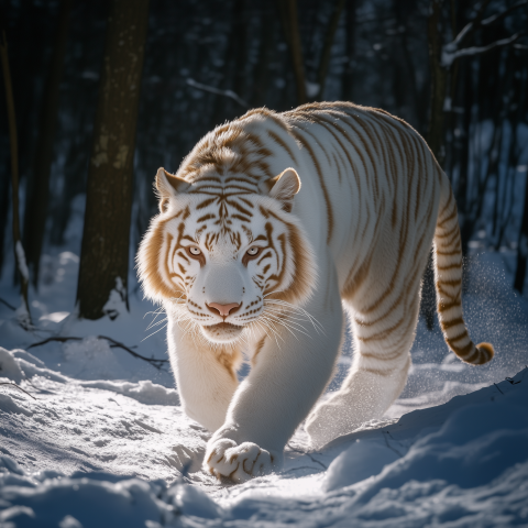 White Tiger Walking Through Snowy Forest