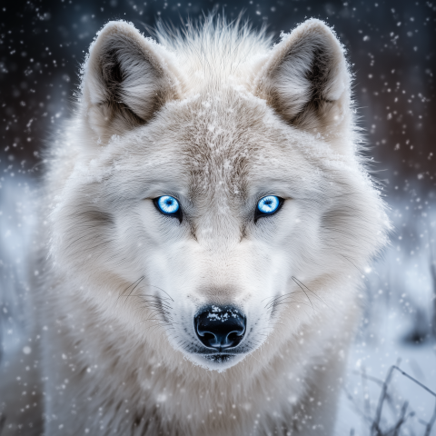 White Wolf in Snow with Piercing Blue Eyes