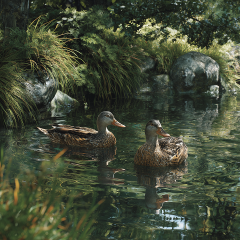 Wild Ducks Floating in Forest Pond