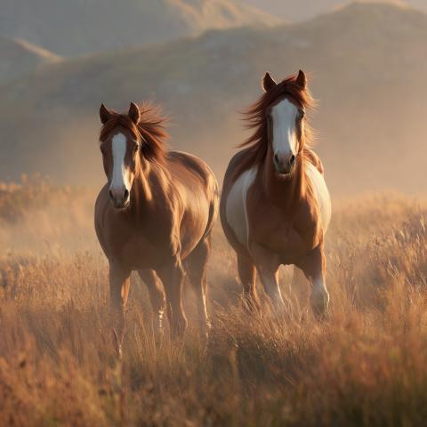 Wild Horses Running Through Golden Grasslands