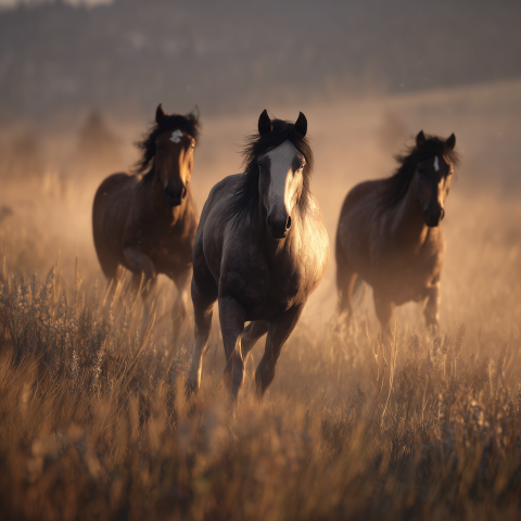 Wild Horses Running Through Meadow