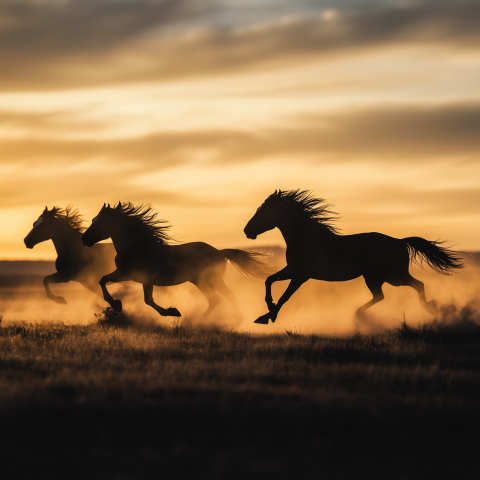 Wild Horses Running Through Sunset Dust