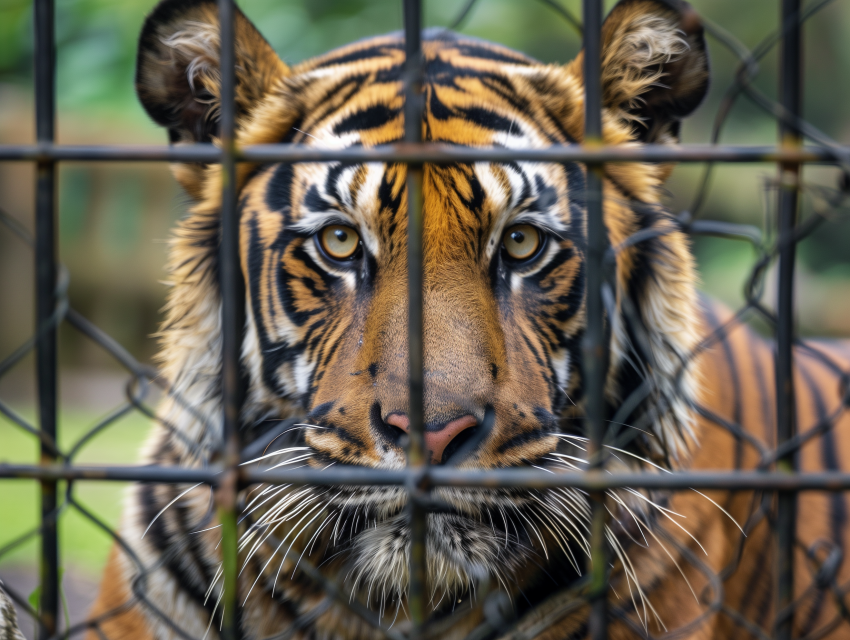 Sad tiger in a cage