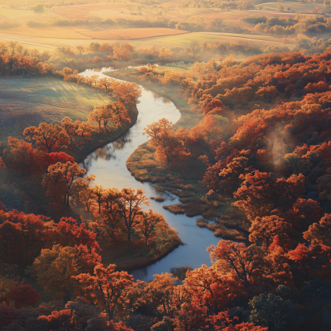 Winding River Through Autumn Forest