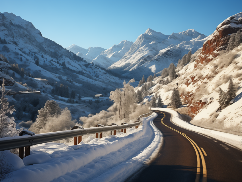 Winding Winter Road Through Snowy Mountains