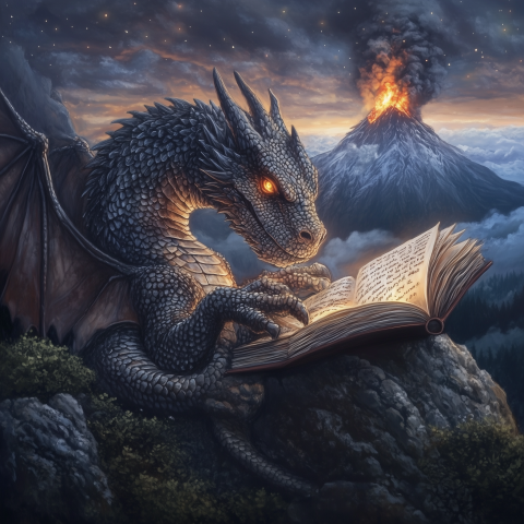 Wise Dragon Reading Ancient Glowing Book