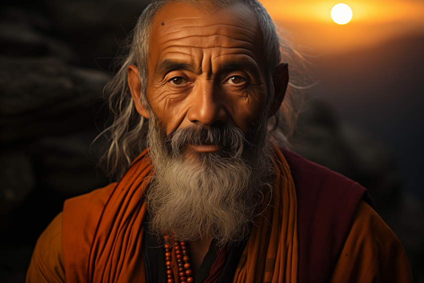 Wise Elder Monk at Sunset