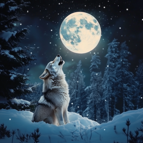 Wolf Howling at Full Moon in Snowy Forest