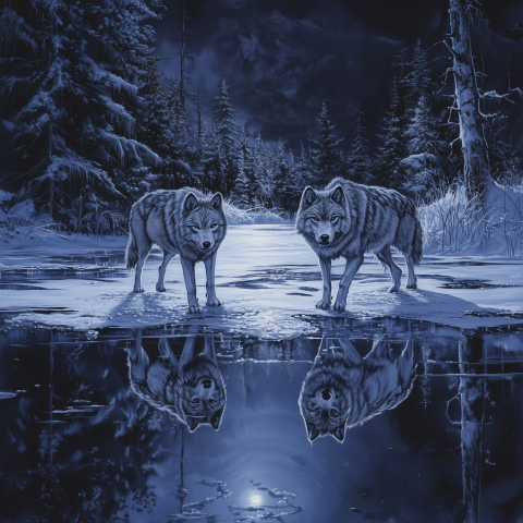 Wolves Reflected on Frozen Forest Lake
