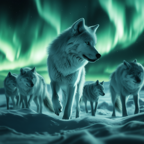 Wolves Roaming Under Northern Lights
