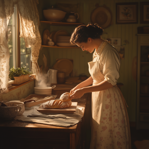 Woman Baking Fresh Bread in Rustic Kitchen