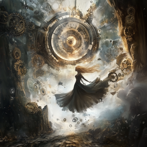 Woman Defies Gravity Amid Clockwork Chaos