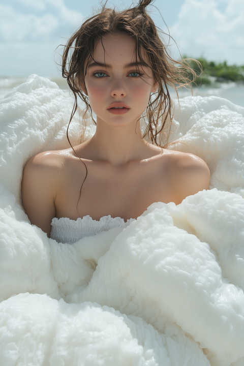 Woman Emerging from Sea Foam at Beach
