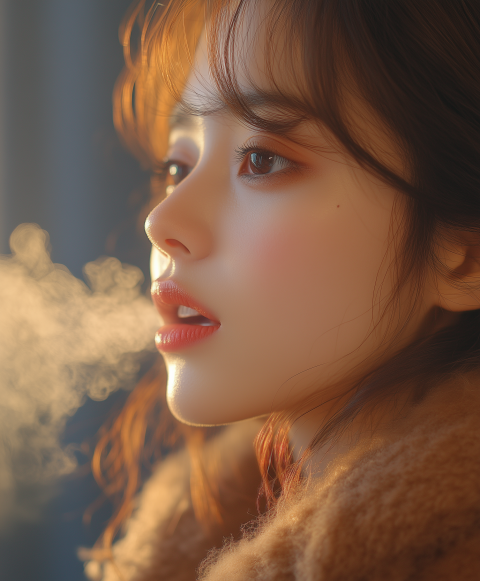Woman Exhaling Warm Breath in Cold Air