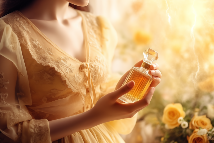 Woman Holding Elegant Perfume Bottle in Warm Light