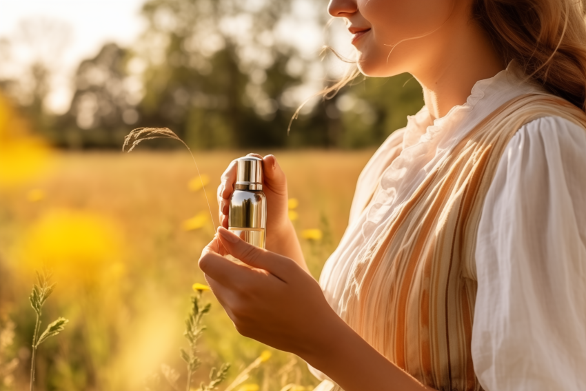 Woman Holding Perfume Bottle in Sunlit Field