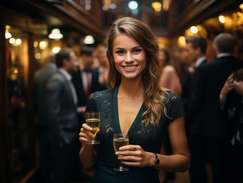 Woman Holding Two Glasses at Formal Gathering