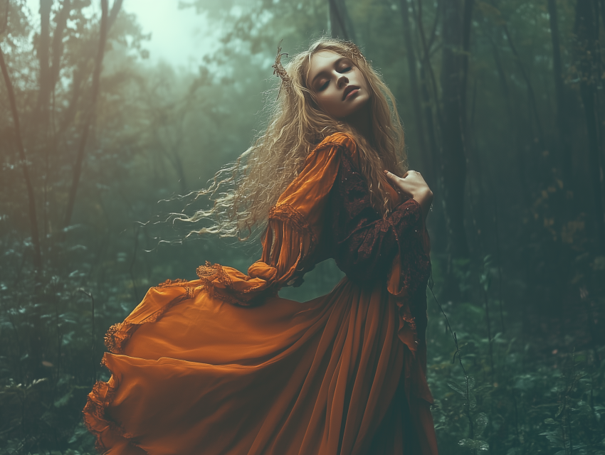 Woman in Flowing Dress in Enchanted Forest