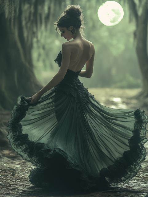 Woman in Flowing Gown Under Full Moon