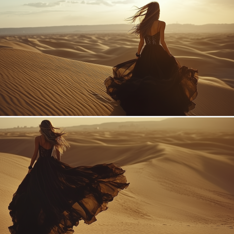Woman in Flowing Gown Walking Desert Dunes