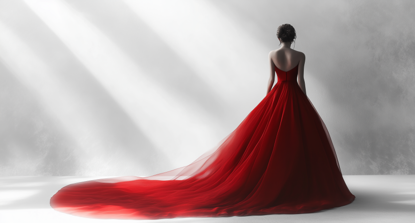 Woman in Flowing Red Dress in Spotlight