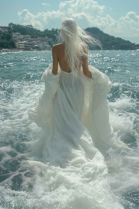 Woman in Flowing White Dress Walking into Ocean