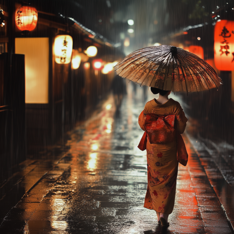 Woman in Kimono Walking in Rainy Street