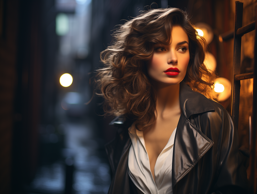 Woman in Leather Jacket at Night Alley