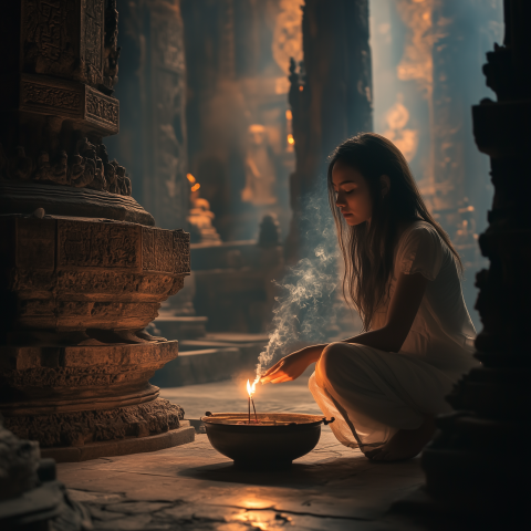Woman Lighting Incense in Ancient Temple