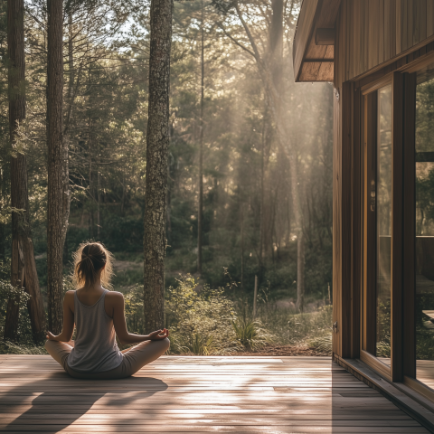 Woman Meditating on Forest Cabin Deck