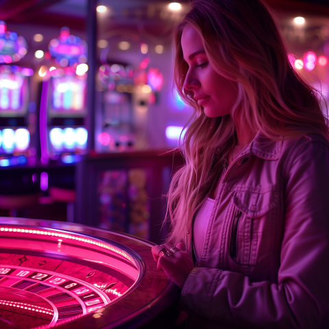 Woman Playing Roulette in Neon-Lit Casino