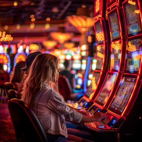 Woman Playing Slot Machines in Vibrant Casino