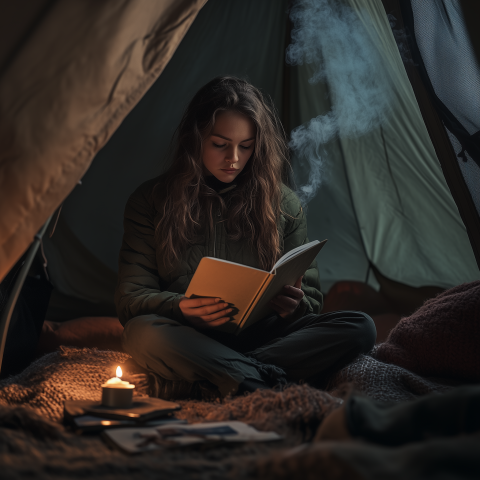 Woman Reading in Cozy Tent by Candlelight