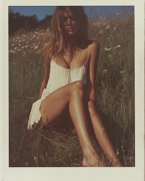 Woman Sitting in Sunny Meadow in White Dress