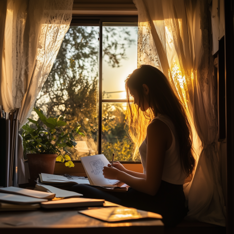 Woman Sketching by Sunset-Lit Window