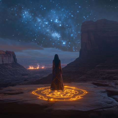 Woman Summoning Stars in Desert Canyon