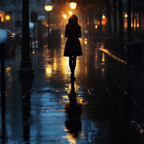 Woman Walking Alone in Rainy City