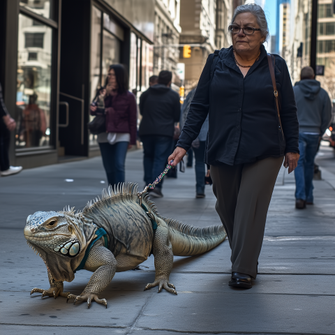 Woman Walking Giant Iguana in the City