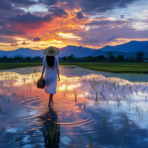 Woman Walking Through Sunset Rice Field