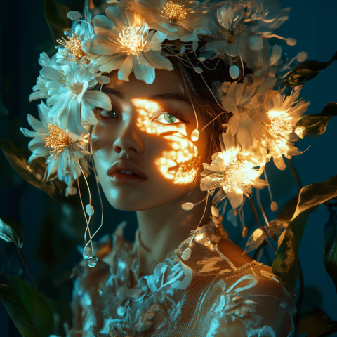 Woman with Floral Headpiece in Soft Light