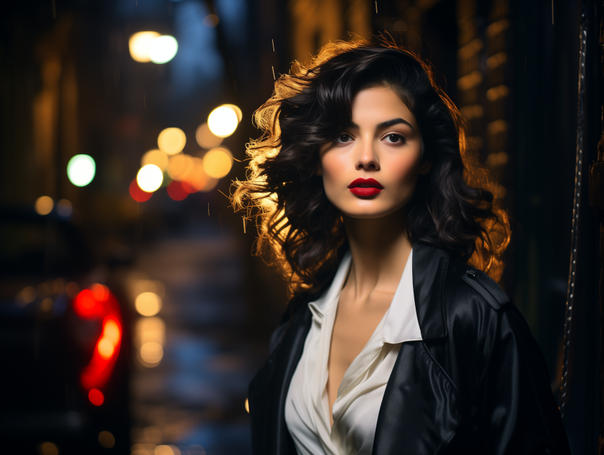 Woman with Red Lips in Rainy City