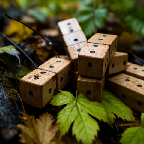 Wooden Dice on a Bed of Leaves
