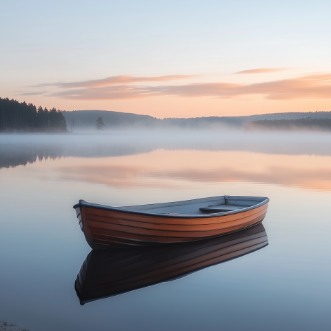 Wooden Rowboat on Misty Lake at Sunrise