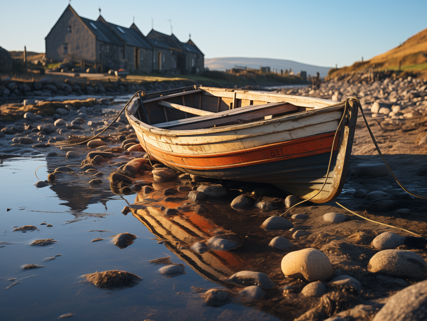 Wooden Rowboat on Rocky Shoreline