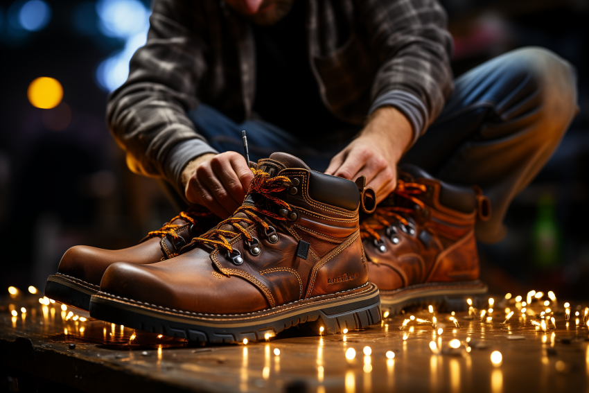 Worker Tying Boots Among Fairy Lights