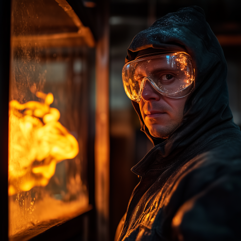 Worker Watching Furnace Flames in Protective Gear