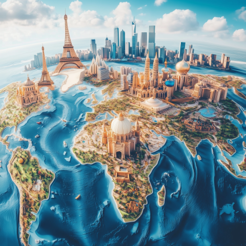 World Map with Famous Landmarks in 3D