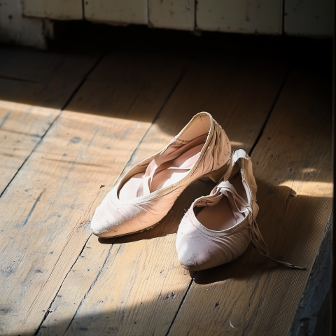Worn Ballet Shoes on Wooden Floor