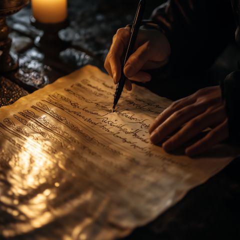 Writing on Ancient Scroll by Candlelight