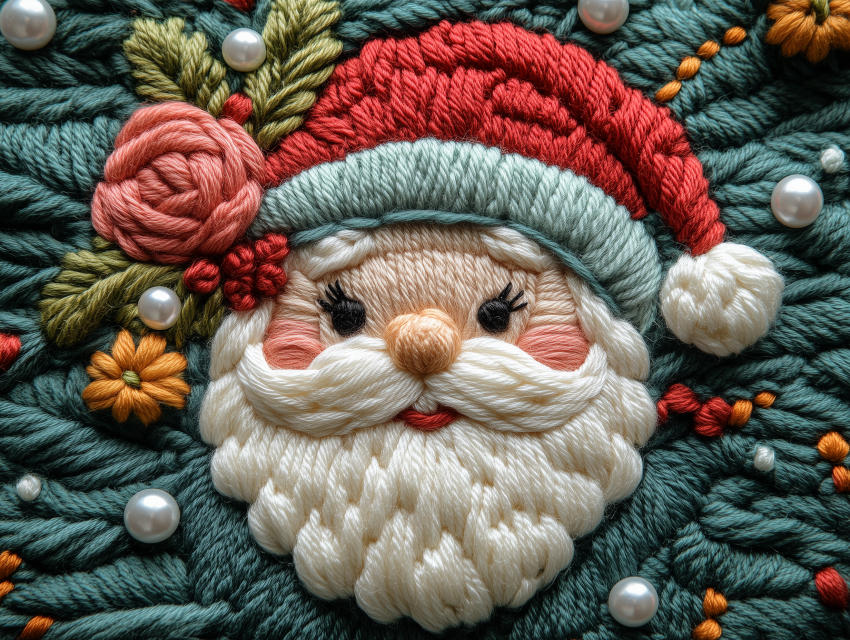 Yarn Embroidered Santa Face with Flowers